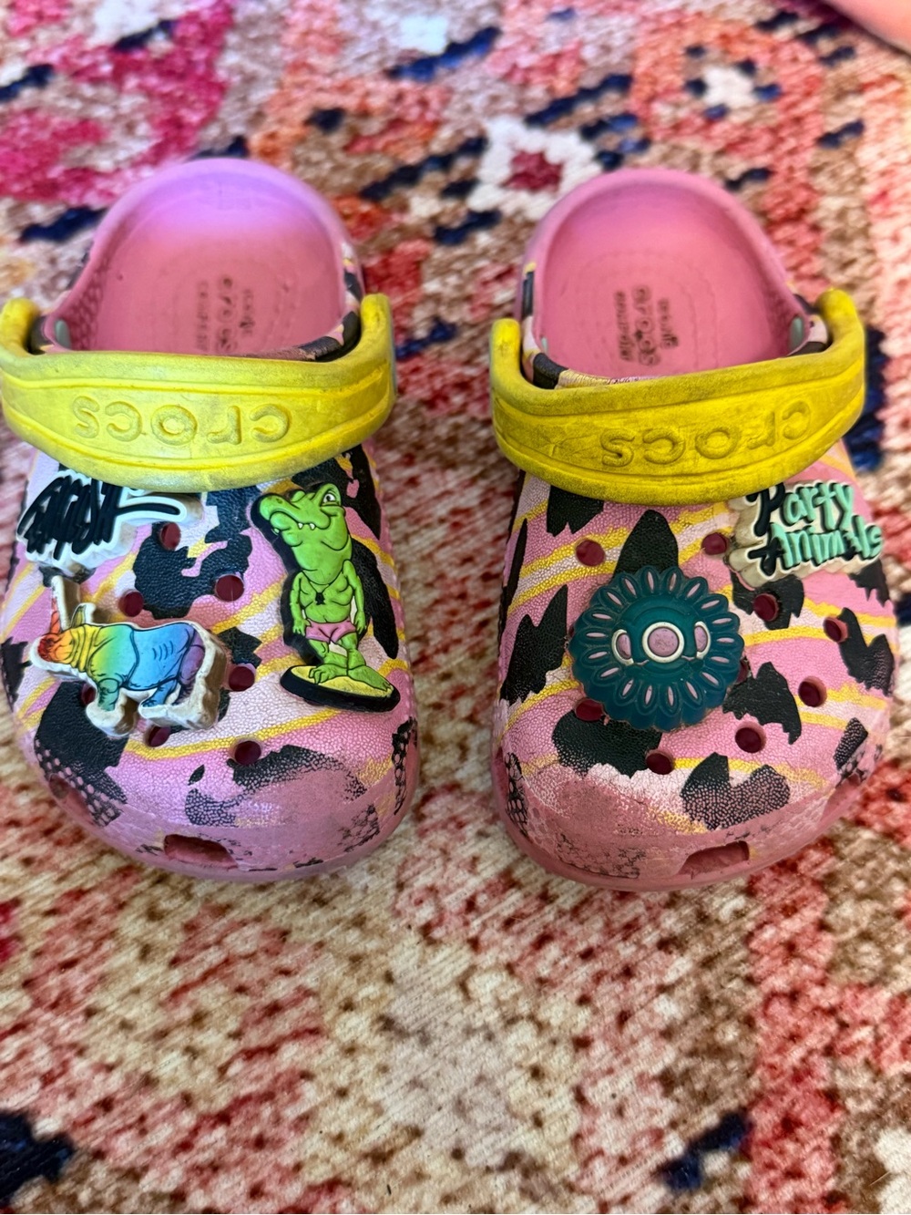 CROCS Kids Pink Leopard Print Clogs with Yellow Strap